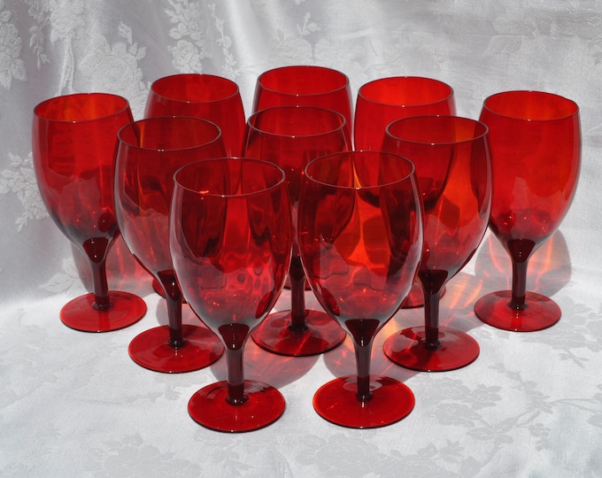 Ruby Red Vertical Amberina Wine Goblets Set/10 Hand Blown Approx 7"x3" Vintage Free Ship
