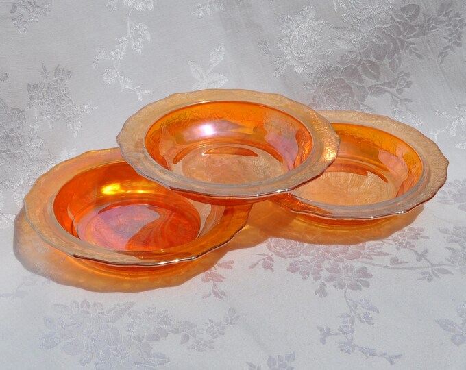 Vintage Carnival Glass Set/3 Dessert Bowls Federal Glass Normandie Marigold Lace 6.5"" Free Ship