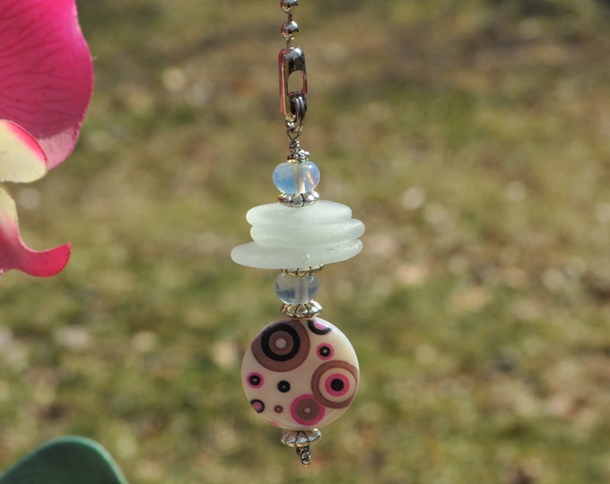 Ceiling Fan Pulls, Genuine Sea Glass, Light Pulls, Decorative Suncatcher, Frosty Seafoam Mix Stack 552, Beaded Pull Unique Sun Catcher