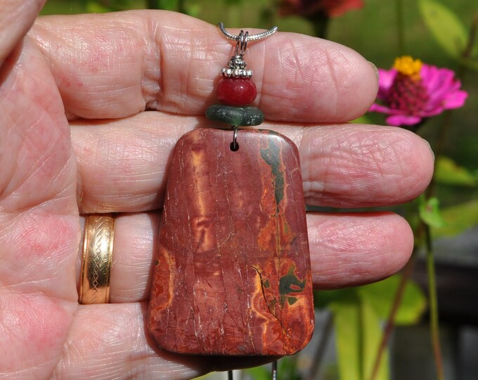 Rock Necklace, Picasso Jasper Pendant, Natural Brown Stone, Genuine Sea Glass Accent, Faceted Ruby Gemstone, Sterling Chain Included B89