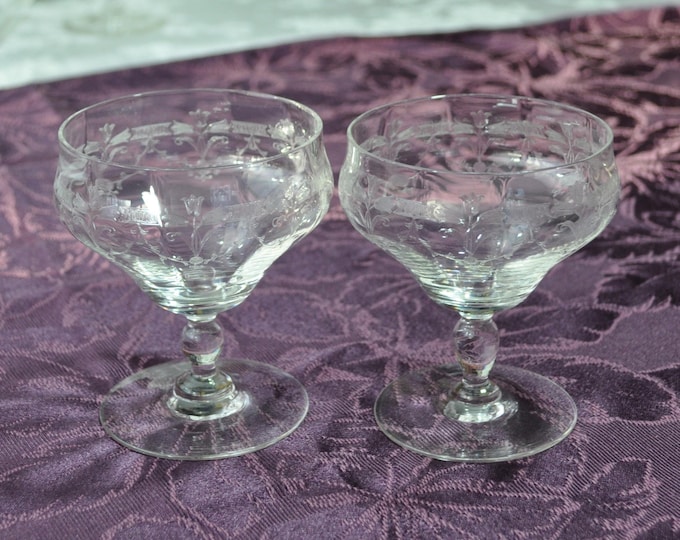 Pair Crystal Etched Tulip Swag Low Sherbet Glasses 4"Tallx3.5D Shrimp Cocktail Free Ship