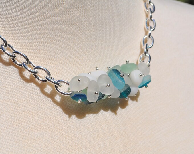 Gorgeous Sea Glass Jewelry Beach Glass Twist Necklace Heavy Statement Necklace Solid Sterling Silver Multi Colored Mix Free Shipping 3224