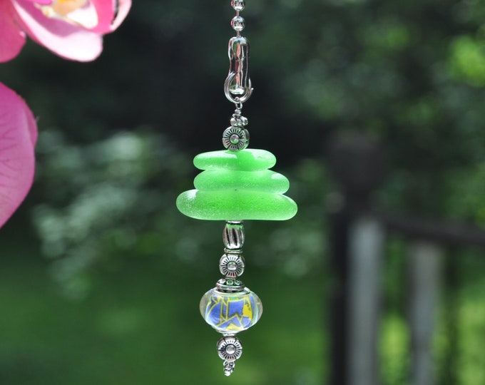 Light Fan Pull, Genuine Sea Glass, Ceiling Fan Pull, Light Pull, Sun Catcher, Frosty Green Stack 467, Lamp Pull, Beaded Pull, Unique Gifts