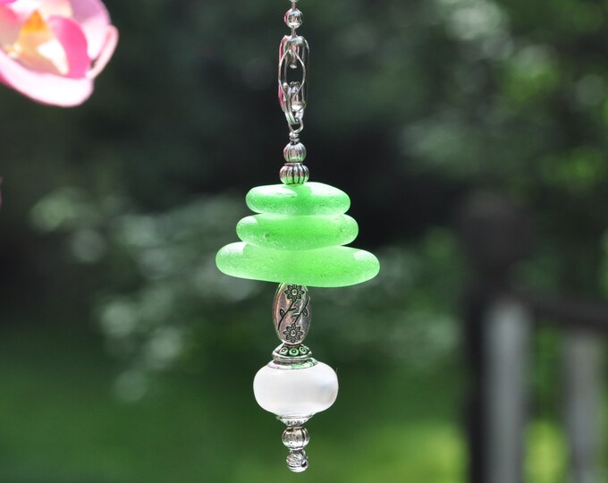 Light Chain Pull, Genuine Sea Glass, Ceiling Fan Pull, Light Pull, Sun Catcher, Frosty Green Stack 469, Lamp Pull, Beaded Pull, Unique Gifts