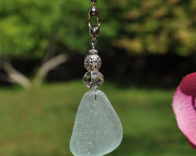 Decorative Fan Pull, Genuine Medium Blue Sea Glass Ceiling Light Pull, Sun Catcher, Frosty Drop 809, Lamp Pull, Beaded Pull, Coastal Art