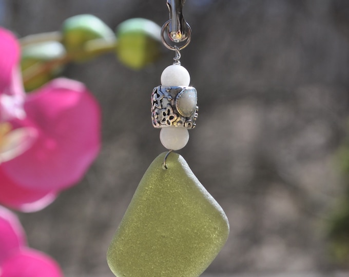 Decorative Fan Pull, Genuine Sea Glass, Ceiling Fan Pull, Light Pull, Sun Catcher, Frosty Dark Green Drop 302, Unique Beach Gifts, Lamp Pull