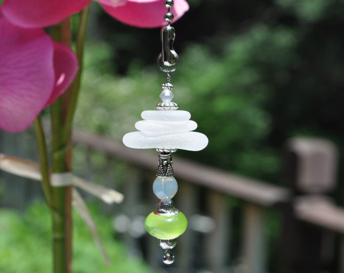 Ceiling Light Pull, Genuine Sea Glass, Ceiling Fan Pull, Suncatcher, Frosty White Stack 739, Coastal Gifts, Lamp Pull, Beaded Pull