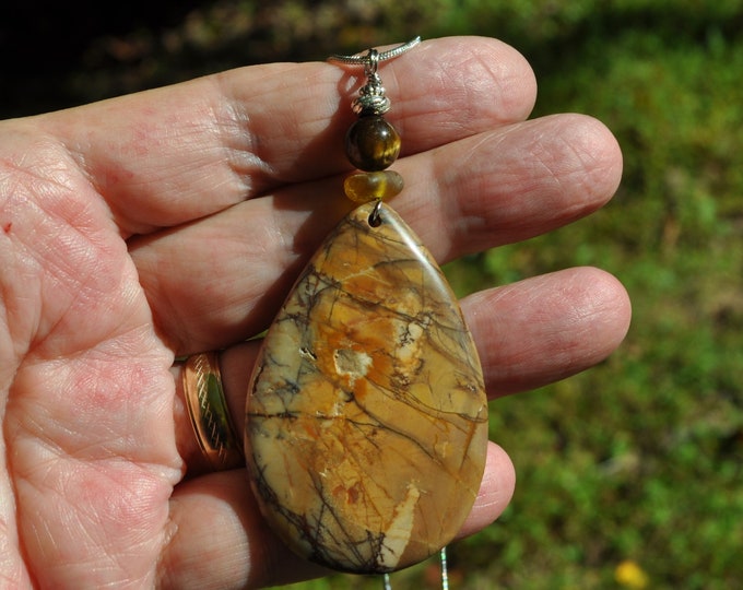 Rock Necklace, Picasso Jasper Necklace, Natural Brown Teardrop, Genuine Sea Glass Accent, Tiger's Eye Gemstone, Sterling Chain Included B186