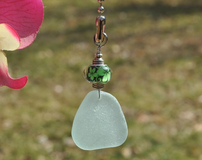 Decorative Fan Pull, Genuine Sea Glass Ceiling Light Pull, Sun Catcher, Frosty Seafoam Drop 547, Lamp Pull, Beaded Pull, Unique Beach Gifts