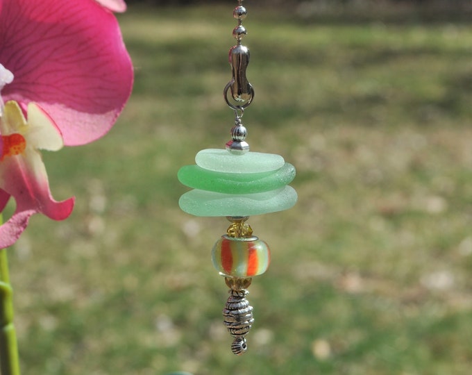 Ceiling Fan Pull, Genuine Sea Glass, Light Pull, Decorative Suncatcher, Frosty Seafoam Mix Stack 581, Beaded Pull, Unique Beach Gifts