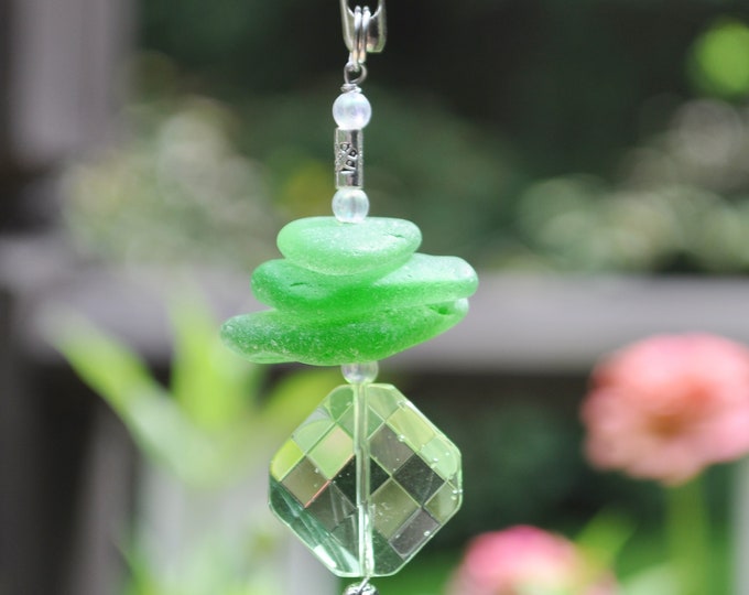 Decorative Light Pull, Genuine Sea Glass, Ceiling Fan Pull, Sun Catcher, Frosty Green Stack 426, Unique Coastal Gift, Lamp Pull, Beaded Pull