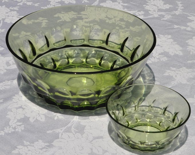 Large Thumbprint Chip & Dip Serving Bowls Salad and Dressing in Green 10" and 5" Hazel-Atlas Vintage Free Ship
