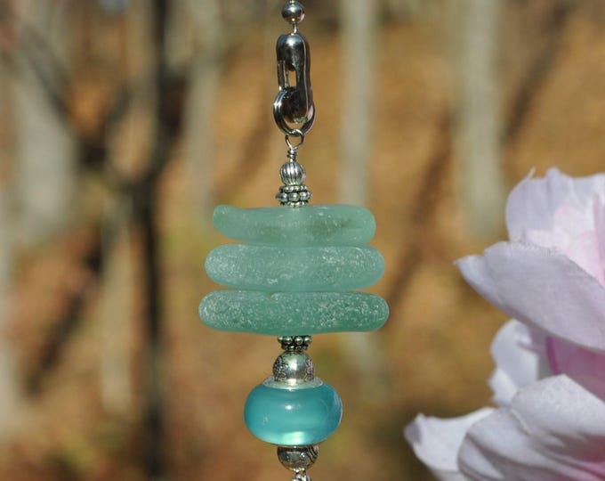Ceiling Fan Pulls, Genuine Sea Glass, Light Pulls, Decorative Suncatcher, Frosty Blue Varied Mix Stack 829, Beaded Pull, Beach Lover ifts