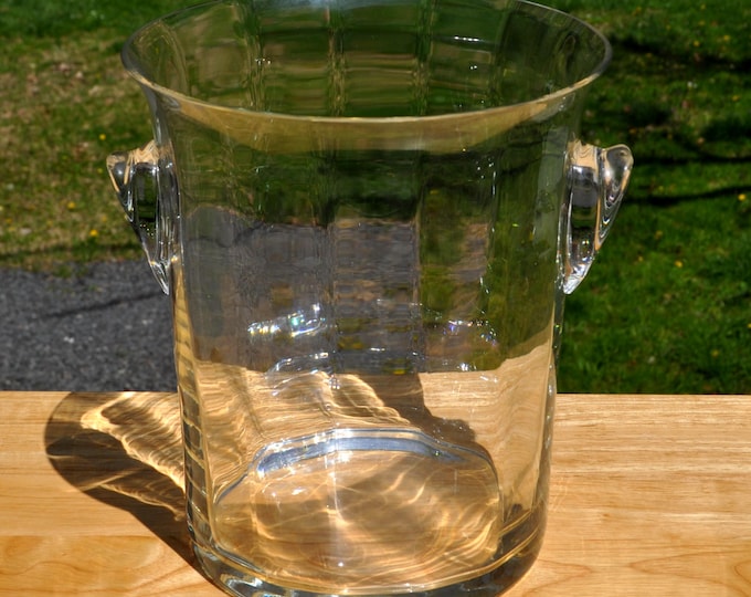 Large Vintage Clear Optic Paneled Ice Bucket Centerpiece 9.25"Hx8.5"D Handles Free Ship