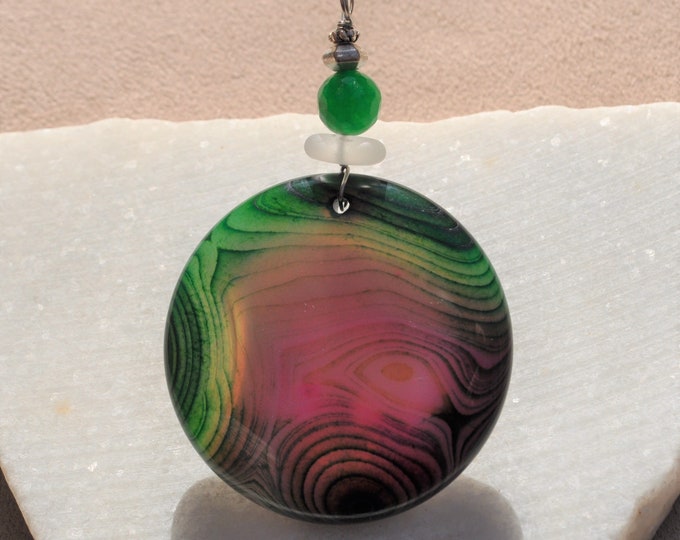 Onyx Agate Necklace Pendant, Large Green and Purple Round, Genuine Sea Glass Accent, Faceted Emerald Gemstone, Sterling Chain Included  B32