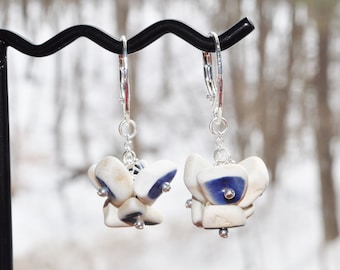 Sea Glass Jewelry Beach Clustered Earrings in Blue and White Sterling Silver Pottery Earrings Leverback Beach Earrings Free Shipping 8907