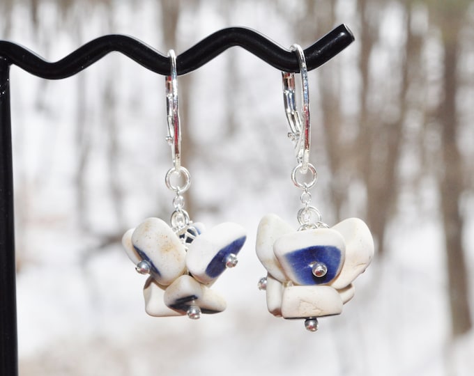 Sea Glass Jewelry Beach Clustered Earrings in Blue and White Sterling Silver Pottery Earrings Leverback Beach Earrings Free Shipping 8907