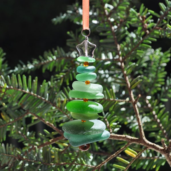 Adorno navideño de vidrio marino, ideal para rellenar medias navideñas, regalo único, decoración navideña, auténtica mezcla de verdes y estrellas moradas.