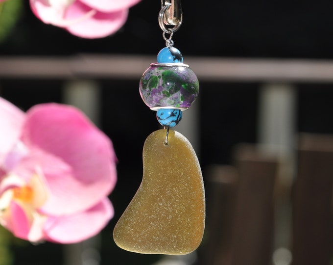 Beach Fan Pull, Genuine Sea Glass, Ceiling Fan Pull, Light Pull, Suncatcher, Frosty Olive Brown Lovely Drop 328, Ocean Gifts, Lamp Pull