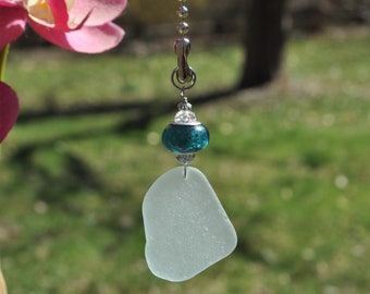 Decorative Fan Pull, Genuine Sea Glass, Ceiling Light Pull, Sun Catcher, Frosty Light Seafoam Drop 589, Lamp Pull, Beaded Pull, Coastal Gift