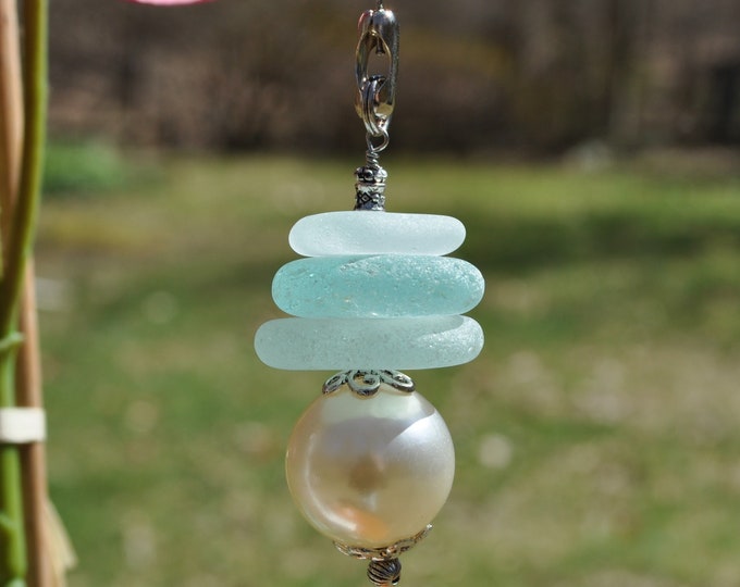 Ceiling Fan Pulls, Genuine Sea Glass, Light Pulls, Decorative Suncatcher, Frosty Blue Varied Mix Stack 826, Beaded Pull Unique Sun Catcher