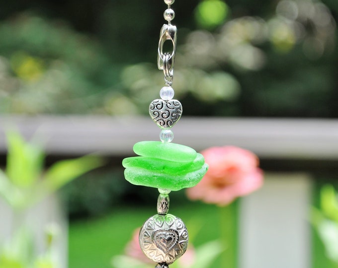 Light Fan Pull, Genuine Sea Glass, Ceiling Fan Pull, Light Pull, Sun Catcher, Frosty Green Stack 409, Lamp Pull, Beaded Pull, Beach Gifts