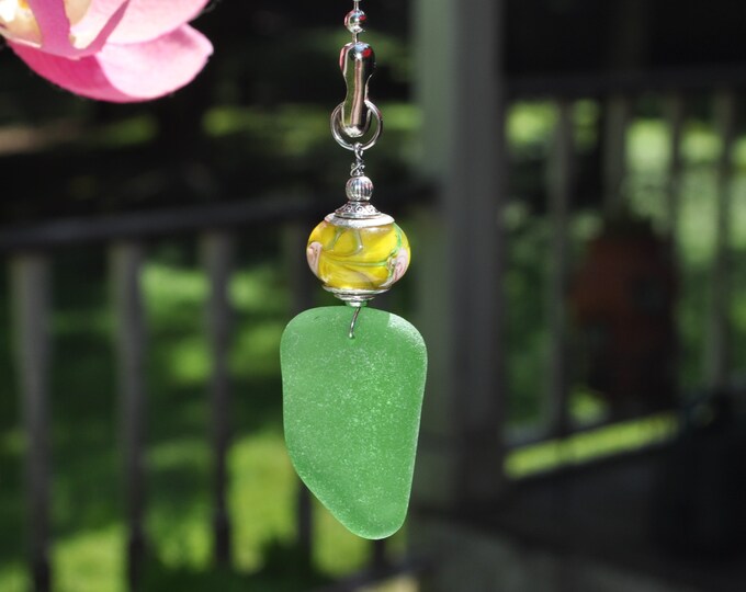 Ceiling Fan Pull, Genuine Sea Glass, Light Pull, Suncatcher, Frosty Green Drop 435, Lamp Pull, Unique Gift, Beaded Pull, Beach Lover Gifts