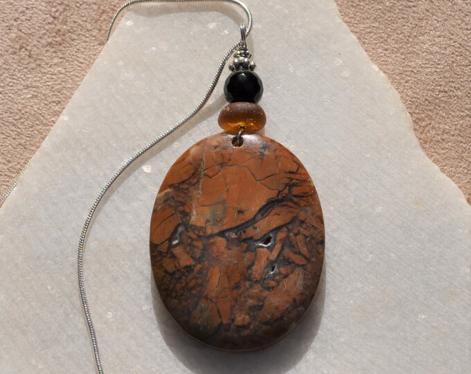 Brown Agate Pendant Necklace, Large Natural Brown Oval, Genuine Sea Glass Accent, Faceted Onyx Gemstone, Sterling Chain Included B125