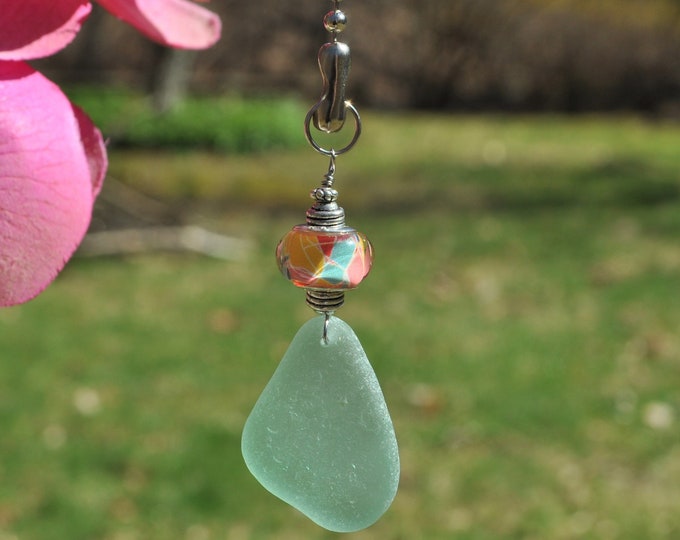 Decorative Fan Pull, Genuine Sea Glass, Ceiling Light Pull, Sun Catcher, Frosty Bright Seafoam Drop 584, Lamp Pull, Beaded Pull, Beach Gifts