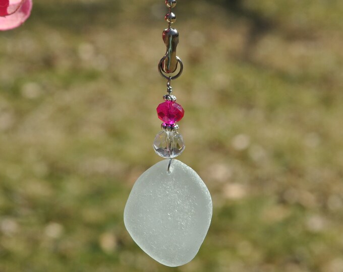 Decorative Fan Pull, Genuine Sea Glass, Ceiling Light Pull, Sun Catcher, Frosty Light Seafoam Drop 558, Lamp Pull, Beaded Pull, Beach Gifts