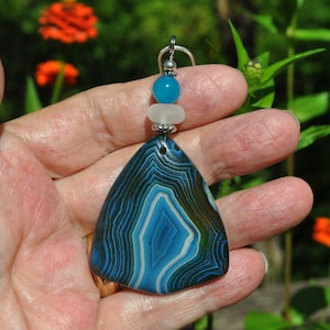 Rock Necklace, Onyx Agate Pendant, Striped Pretty Blue Stone, Genuine Sea Glass Accent, Blue Agate Gemstone, Sterling Chain Included B274