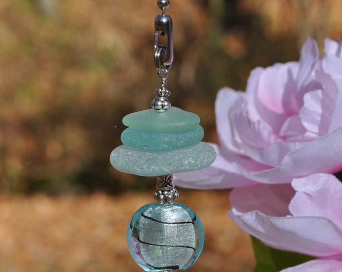 Ceiling Fan Pulls, Genuine Sea Glass, Light Pulls, Decorative Suncatcher, Frosty Blue Varied Mix Stack 824, Beaded Pull Unique Sun Catcher