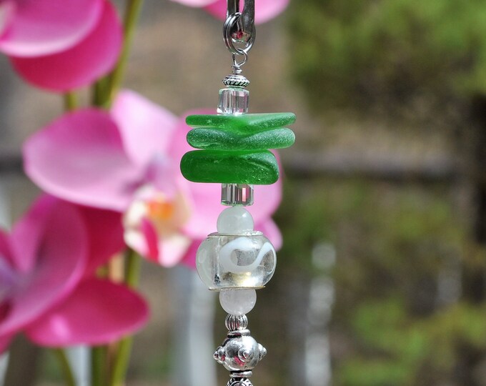 Beach Fan Pull, Genuine Sea Glass, Ceiling Fan Pull, Light Pull, Suncatcher, Frosty Green Stack 414, Coastal Gift, Lamp Pull, Beaded Pull