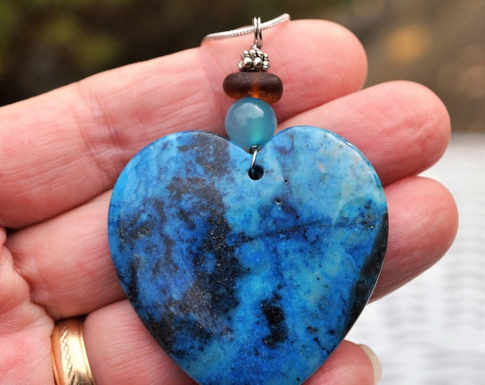 Stone Pendant, Lace Agate Necklace, Large Blue Heart Rock Stone, Genuine Sea Glass Accent, Blue Agate Gemstone, Sterling Chain Included B259