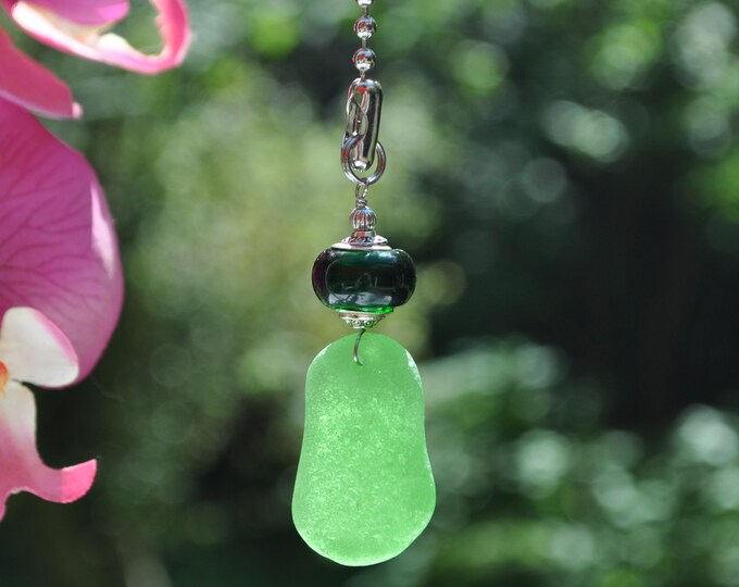 Genuine Sea Glass, Ceiling Fan Pull, Light Pull, Suncatcher, Frosty Green Drop 457, Lamp Pull, Unique Gift, Beaded Pull, Beach Lover Gifts