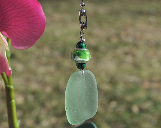 Decorative Fan Pull, Genuine Sea Glass, Ceiling Light Pull, Sun Catcher, Frosty Light Seafoam Drop 541, Lamp Pull, Beaded Pull, Beach Gifts