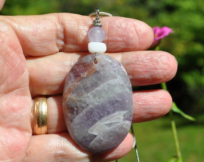 Zebra Amethyst Pendant Necklace, Gorgeous Large Oval, Genuine Sea Glass Accent, Faceted Amethyst Gemstone, Sterling Chain Included B60