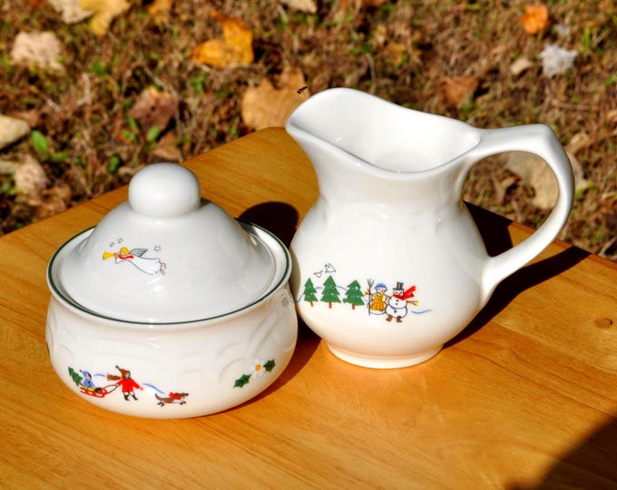 Vintage Pfaltzgraff "Snow Village" Cream & Sugar Christmas Set Covered Bowl Free Ship
