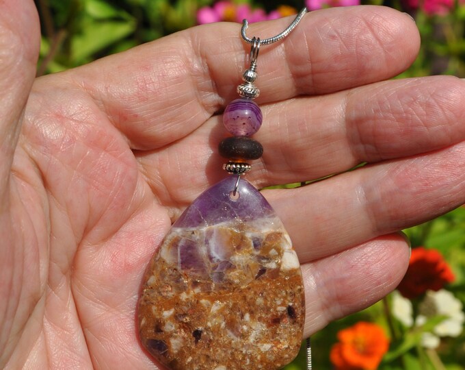 Rock Necklace, Purple Charoite Pendant, Natural Purple and Brown, Genuine Sea Glass Accent, Striped Agate Gemstone, Sterling Chain Incl B270