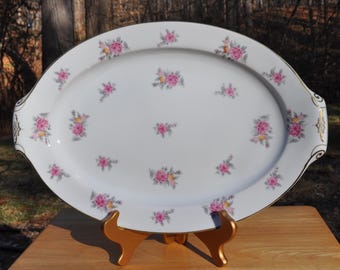 Large Pink Roses & Gold Trim Platter Narumi China "Hinsdale" Occupied Japan 17.25"x11.5" Vintage Free Ship