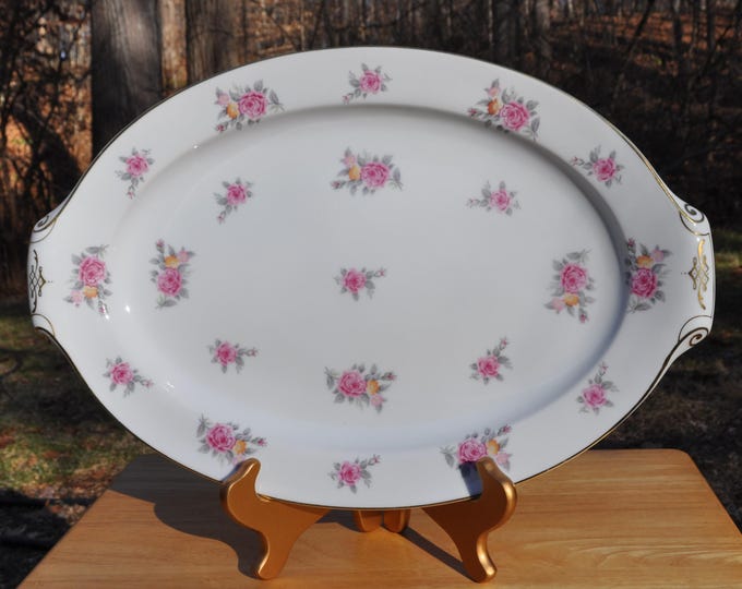 Large Pink Roses & Gold Trim Platter Narumi China "Hinsdale" Occupied Japan 17.25"x11.5" Vintage Free Ship