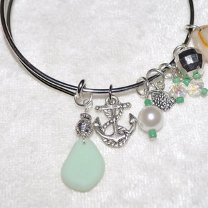 Adjustable Expandable Sea Glass Jewelry Beach Bangle Wire Charm Bracelet Jadeite 1159
