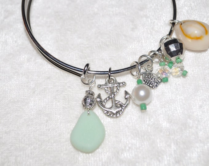 Adjustable Expandable Sea Glass Jewelry Beach Bangle Wire Charm Bracelet Jadeite 1159