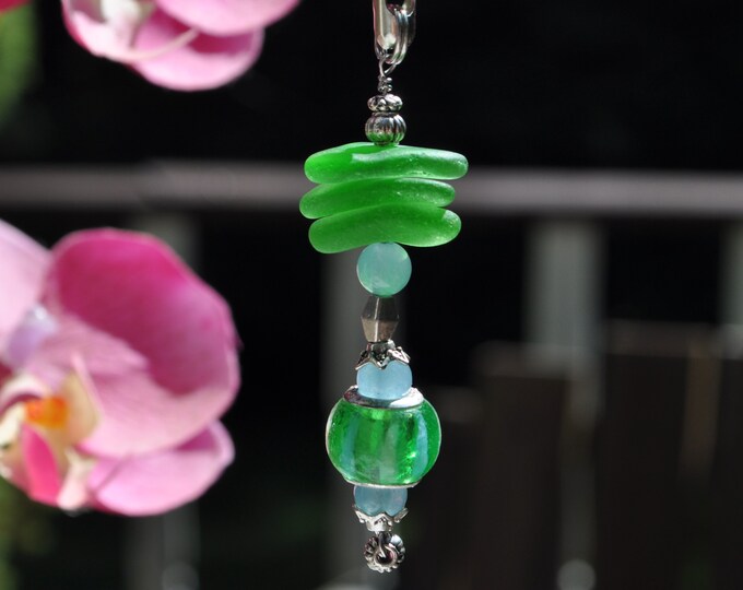 Beach Lamp Pull, Genuine Sea Glass, Ceiling Fan Pull, Light Pull, Suncatcher, Frosty Green Stack 431, Lamp Pull, Unique Gift, Beaded Pull