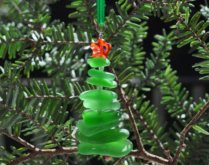 Sea Glass Christmas Tree Ornament, Delightful Stocking Stuffer, Unique Gift, Holiday Package Decor, Genuine Green Sea Glass with Orange Star