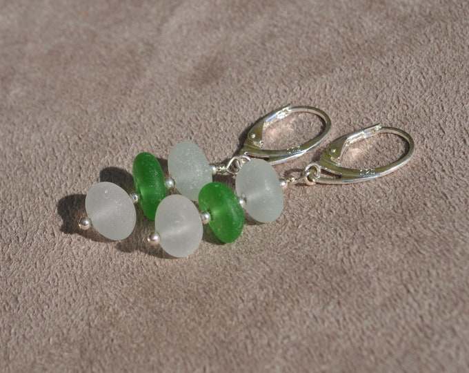 Sea Glass Jewelry Earrings Stacked in Seafoam, Green and White Sterling Silver Genuine Sea Glass Drop Beach Earrings Free Shipping 8807