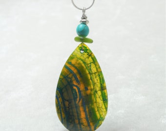 Stone Pendant, Dragon Veins, Fire Agate Necklace, Blue & Green, Genuine Sea Glass Accent, Turquoise Gemstone, Sterling Chain Included  B100