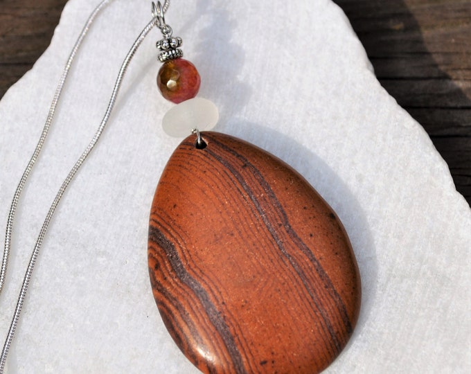 Picture Jasper Necklace Pendant, Large Brown Waterdrop, Genuine Sea Glass Accent, Faceted Tourmaline Gemstone, Sterling Chain Incl. B219