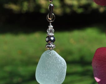Decorative Fan Pull, Genuine Blue Sea Glass, Ceiling Light Pull, Sun Catcher, Frosty Drop 813, Lamp Pull, Beaded Pull, Beach Lover Gifts