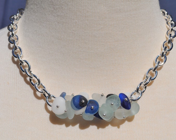 Gorgeous Sea Glass Jewelry Beach Glass Twist Necklace Heavy Statement Necklace Solid Sterling Silver Multi Colored Mix Free Shipping 6839